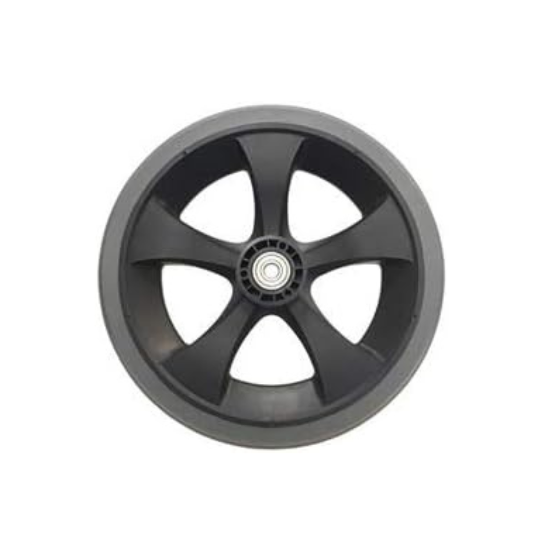 A black plastic wheel with five thick spokes and a gray rubber edge, viewed from the front with visible central bearing—perfect as a Nova Wheel Replacement for Transport Chairs.